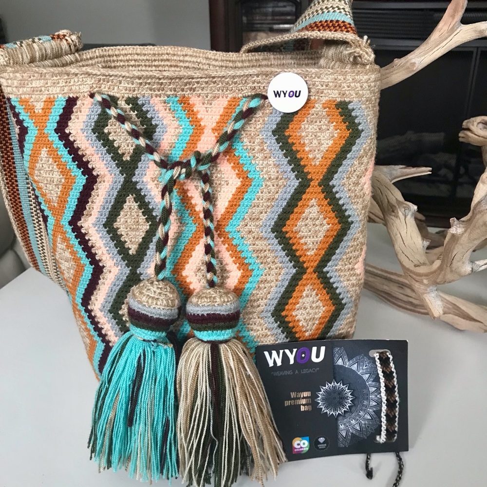 Wayuu Premium Handmade Bag Diamond Crochet Tassels Beige Brown Festival Boho